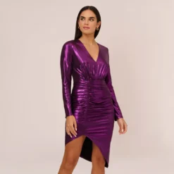 Metallic Knit Long Sleeve Asymmetrical Dress With Ruched Details In Wild Orchid
