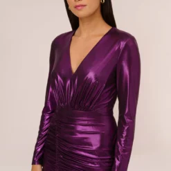 Metallic Knit Long Sleeve Asymmetrical Dress With Ruched Details In Wild Orchid -Cheap Vesta Gleam Store MN1E208390 AD510 Regular Detail