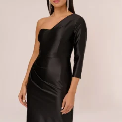 One Shoulder Satin Midi Dress With Three-Quarter Sleeve In Black -Cheap Vesta Gleam Store MN1E208394 AA002 Regular Detail