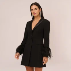 Knit Crepe Long Sleeve Blazer Dress With Feather Trim In Black
