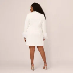 Plus Size Knit Crepe Long Sleeve Blazer Dress With Feather Trim In Ivory -Cheap Vesta Gleam Store MN1E208395 AA194 Plus Back