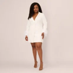 Plus Size Knit Crepe Long Sleeve Blazer Dress With Feather Trim In Ivory -Cheap Vesta Gleam Store MN1E208395 AA194 Plus Front