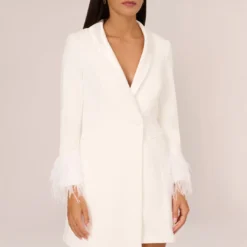 Knit Crepe Long Sleeve Blazer Dress With Feather Trim In Ivory -Cheap Vesta Gleam Store MN1E208395 AA194 Regular Detail