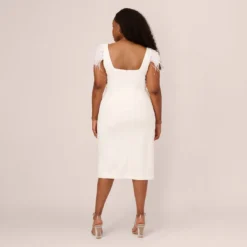 Plus Size Knit Crepe Midi Dress With Feather Shoulder Accents In Ivory -Cheap Vesta Gleam Store MN1E208406 AA194 Plus Back