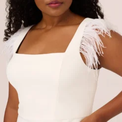 Plus Size Knit Crepe Midi Dress With Feather Shoulder Accents In Ivory -Cheap Vesta Gleam Store MN1E208406 AA194 Plus Detail