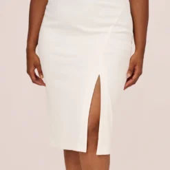 Plus Size Knit Crepe Midi Dress With Feather Shoulder Accents In Ivory -Cheap Vesta Gleam Store MN1E208406 AA194 Plus Lifestyle