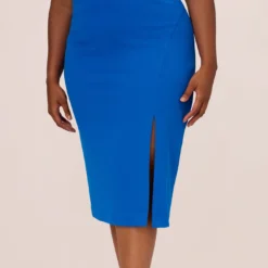 Plus Size Knit Crepe Midi Dress With Feather Shoulder Accents In Dark Cobalt -Cheap Vesta Gleam Store MN1E208406 AT401 Plus Lifestyle