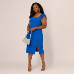 Plus Size Knit Crepe Midi Dress With Feather Shoulder Accents In Dark Cobalt