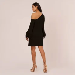 Knit Crepe One Shoulder Long Sleeve Dress With Feather Accents In Black -Cheap Vesta Gleam Store MN1E208446 AA002 Regular Back