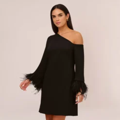 Knit Crepe One Shoulder Long Sleeve Dress With Feather Accents In Black