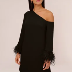 Knit Crepe One Shoulder Long Sleeve Dress With Feather Accents In Black -Cheap Vesta Gleam Store MN1E208446 AA002 Regular Detail