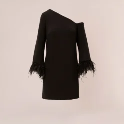Knit Crepe One Shoulder Long Sleeve Dress With Feather Accents In Black -Cheap Vesta Gleam Store MN1E208446 AA002 Regular Flat