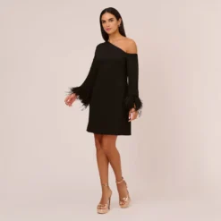 Knit Crepe One Shoulder Long Sleeve Dress With Feather Accents In Black -Cheap Vesta Gleam Store MN1E208446 AA002 Regular Front