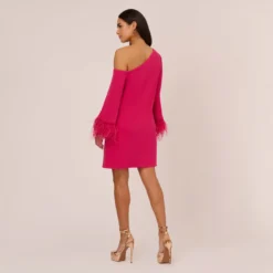 Knit Crepe One Shoulder Long Sleeve Dress With Feather Accents In Bright Rose -Cheap Vesta Gleam Store MN1E208446 AH673 Regular Back