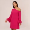 Knit Crepe One Shoulder Long Sleeve Dress With Feather Accents In Bright Rose
