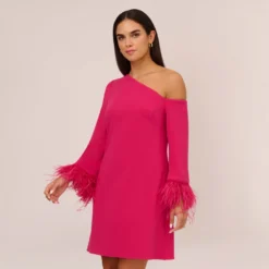 Knit Crepe One Shoulder Long Sleeve Dress With Feather Accents In Bright Rose