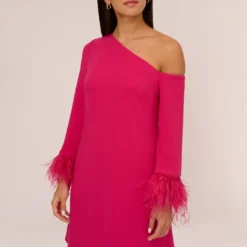 Knit Crepe One Shoulder Long Sleeve Dress With Feather Accents In Bright Rose -Cheap Vesta Gleam Store MN1E208446 AH673 Regular Detail