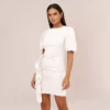 Puff Short Sleeve Sheath Dress With Ruffle Accent In Ivory