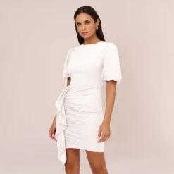 Puff Short Sleeve Sheath Dress With Ruffle Accent In Ivory