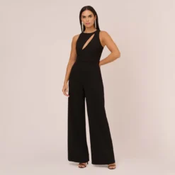 Knit Crepe Wide Leg Jumpsuit With Cutout Accent In Black