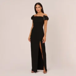 Stretch Crepe Off The Shoulder Gown With Sequin Bows In Black