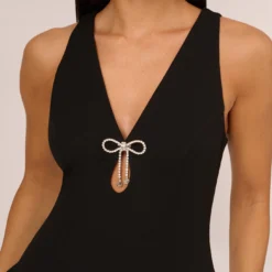 Sleeveless Crepe Mini Dress With Rhinestone Bow Accent In Black -Cheap Vesta Gleam Store MN1E208600 AA002 Regular Detail